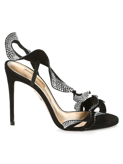 Shop Aquazzura Women's Ruffle Crystal-embellished Suede Sandals In Black