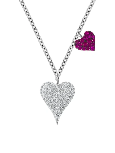 Shop Meira T Women's 14k White Gold Diamond & Ruby Double Heart Pendant Necklace