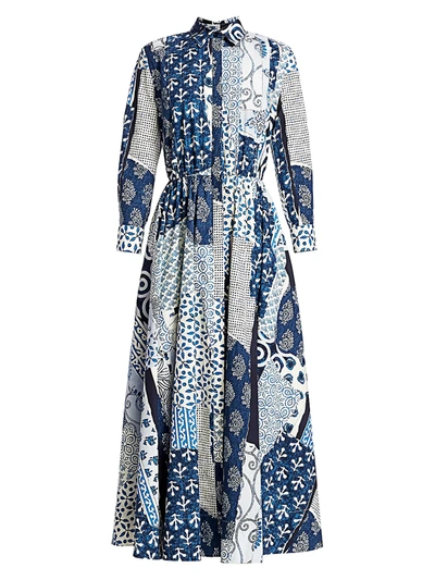 Shop Oscar De La Renta Women's Collared Poplin Patchwork Midi Dress In Indigo