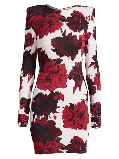 Shop Alexandre Vauthier Women's Floral-print Padded Shoulder Bodycon Dress In Cherry