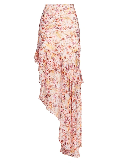 Shop Amur Emelia Asymmetrical Ruffle Silk Maxi Skirt In Orchid Hush Rosa Floral