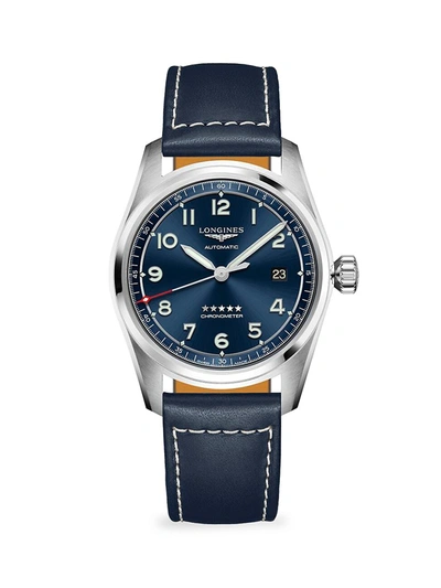 Shop Longines Men's  Spirit 40mm Stainless Steel & Leather-strap Watch In Sunray Blue