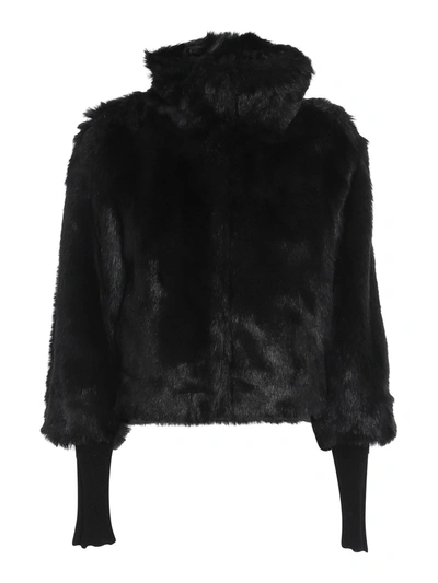 Shop Patrizia Pepe Knitted Sleeve Faux Fur Coat In Black