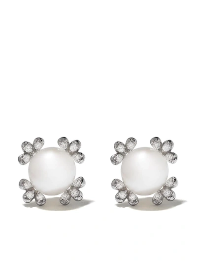 Shop Yoko London 18kt White Gold Trend Diamond Pearl Stud Earrings In Silver