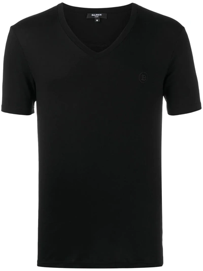 Shop Balmain Logo-embroidered V-neck T-shirt In Black