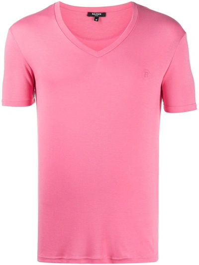 Shop Balmain Embroidered-logo V-neck T-shirt In Pink