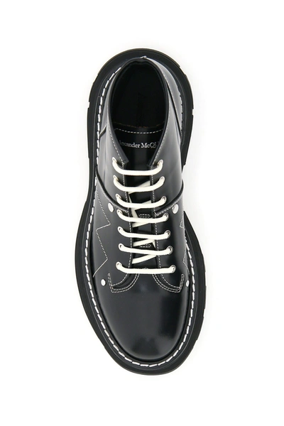 Shop Alexander Mcqueen Leather Lace-up Boots With Stitching In Black Silver