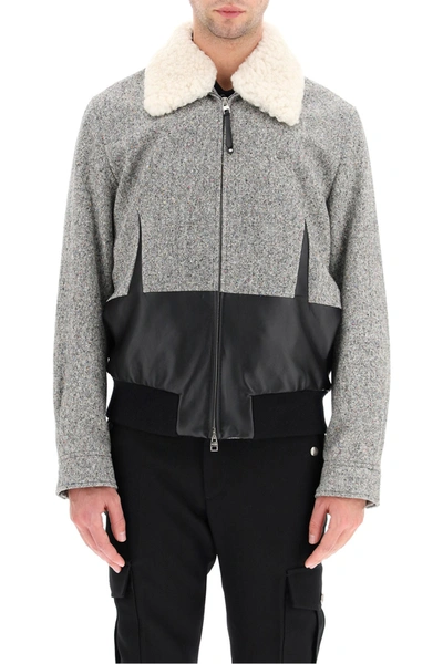Shop Alexander Mcqueen Tweed Bomber Jacket With Shearling Collar In Grey Black