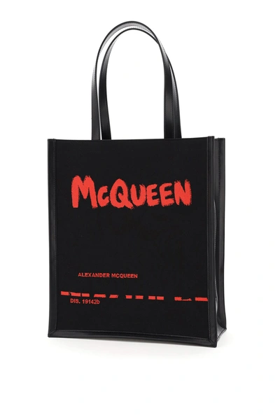 Shop Alexander Mcqueen Jacquard Graffiti Logo Tote Bag In Black Lust Red