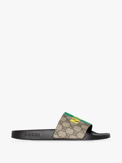 Shop Gucci Neutrals Multicoloured Fake/not Gg Supreme Slides