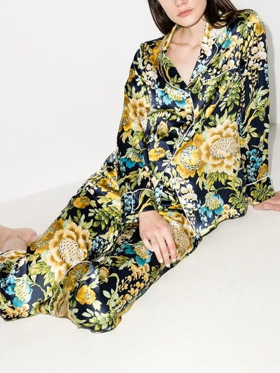 Shop Olivia Von Halle Lila Floral-print Silk Pyjamas In Blue