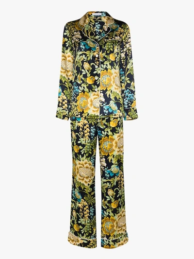 Shop Olivia Von Halle Lila Debauchery Floral Print Silk Pyjamas In Blue