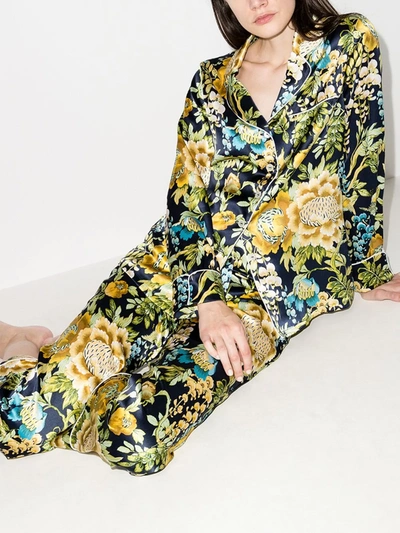 Shop Olivia Von Halle Lila Debauchery Floral Print Silk Pyjamas In Blue