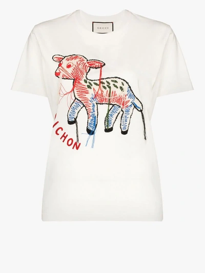Shop Gucci White Bichon Embroidered Cotton T-shirt