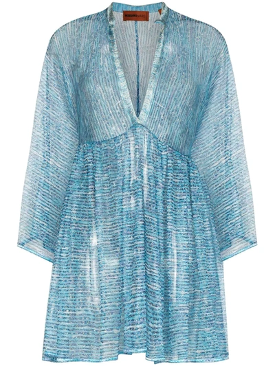 Shop Missoni Semi-sheer Embroidered Mini Dress In Blue