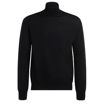 Shop Dondup Turtleneck Sweater Made Of Black Wool With Beige Contrast Profile In Nero