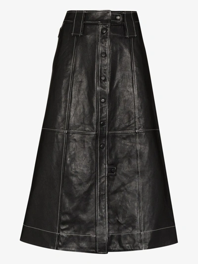 Shop Ganni Black Leather Midi Skirt