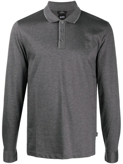 Shop Hugo Boss Long Sleeved Button-cuff Polo Shirt In Grey