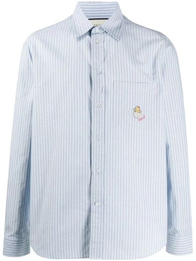 Shop Gucci Embroidered Logo Patch Pinstripe Shirt In Blue