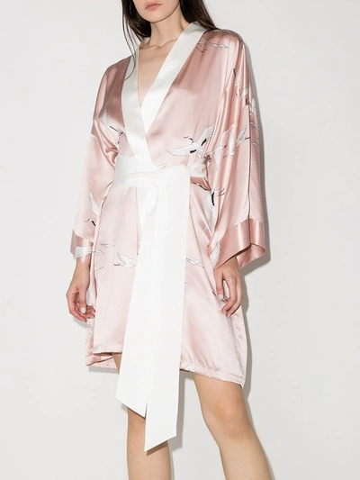 Shop Olivia Von Halle Bird-print Silk Short Robe In Pink