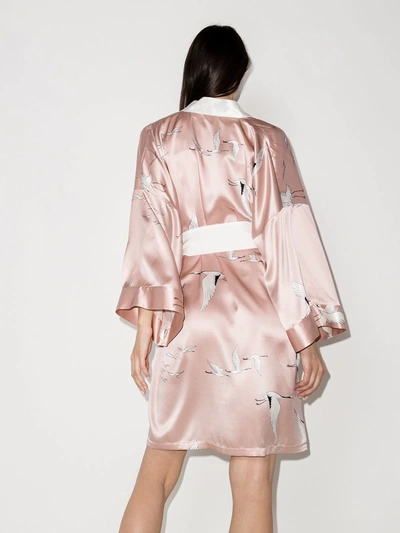 Shop Olivia Von Halle Bird-print Silk Short Robe In Pink