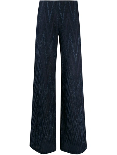 Shop M Missoni Metallic Zigzag Knit Palazzo Pants In Blue