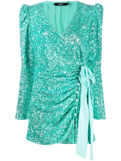 Shop Amen Sequined Fitted Mini Dress In Green