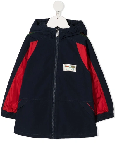 Shop Gucci Hooded Logo Patch Coat In Blue