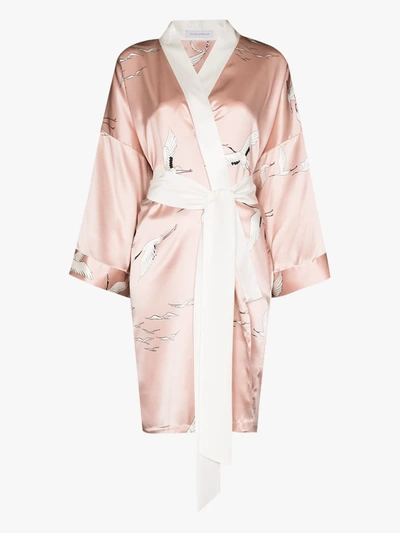 Shop Olivia Von Halle Mimi Pearl Bird Print Silk Robe In Pink