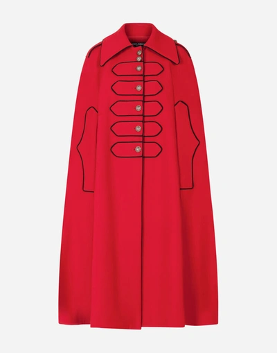 Shop Dolce & Gabbana Woolen Cape With Piping In Red