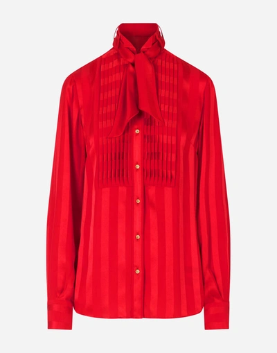 Shop Dolce & Gabbana Satin Jacquard Shirt With Bib Detail In Red