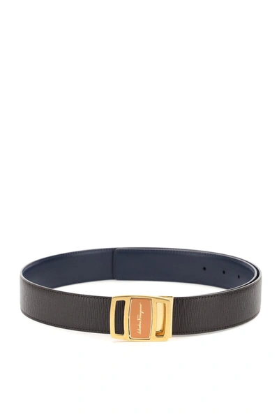 Shop Ferragamo Reversible Leather Belt With Double-face Buckle In Fondente Navy (brown)