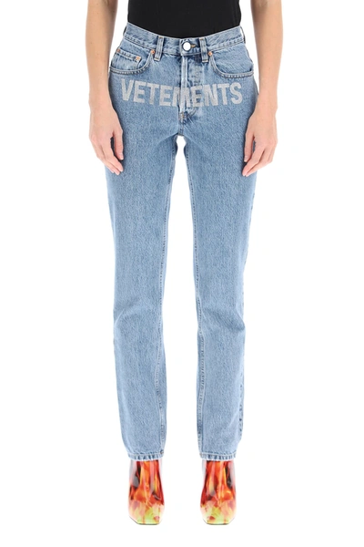 Shop Vetements Rhinestone Jeans With Crystal Logo In Light Blue (blue)