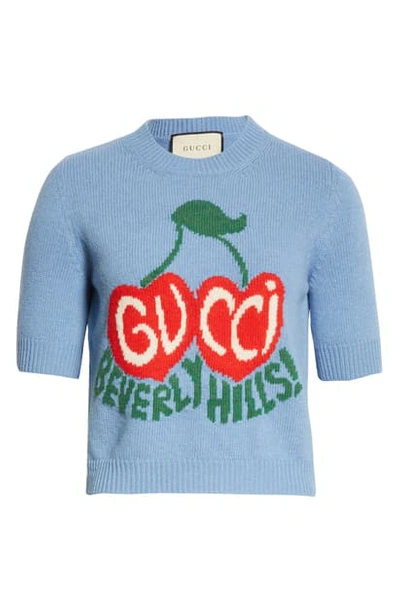 Shop Gucci Beverly Hills Cherry Intarsia Wool Crop Sweater In Azure/ Multicolor