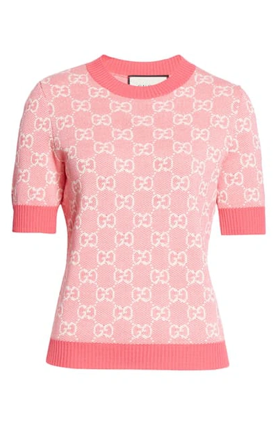 Shop Gucci Gg Logo Jacquard Pique Wool & Cotton Sweater In Fuchsia/ Ivory/ Mc