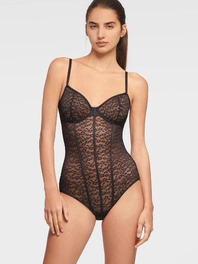 Shop Dkny Women's Leopard Lace Bodysuit - In Black