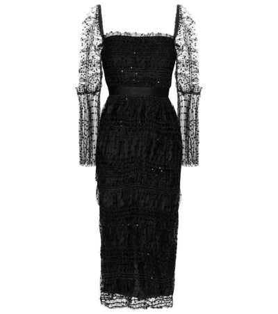Shop Self-portrait Point D'esprit Tulle Midi Dress In Black
