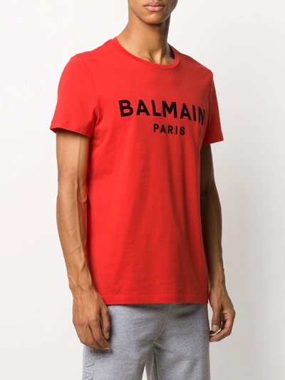 Shop Balmain Logo Flocked T-shirt In Red