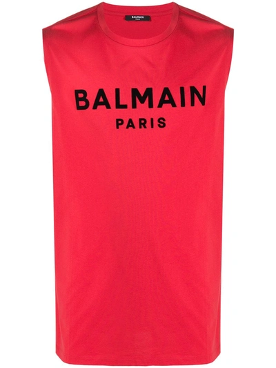 Shop Balmain Flocked Logo Tank Top In Red