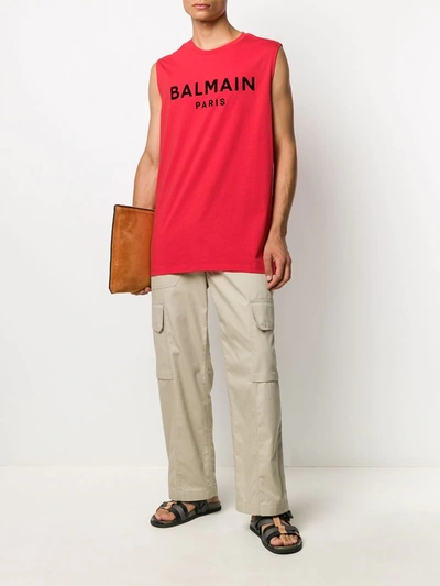 Shop Balmain Flocked Logo Tank Top In Red