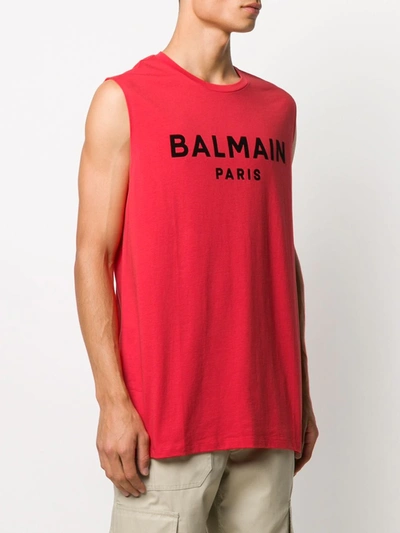 Shop Balmain Flocked Logo Tank Top In Red