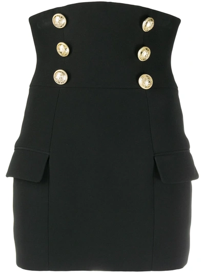 Shop Balmain High Waist Buttoned Crepe Skirt In Black