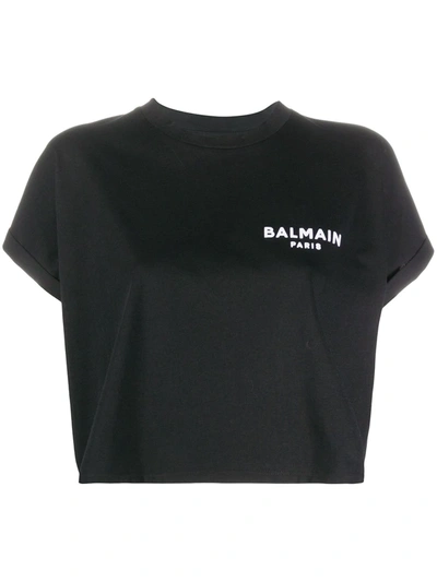 Balmain Cropped Cotton T-shirt With Small Flocked Logo In Black