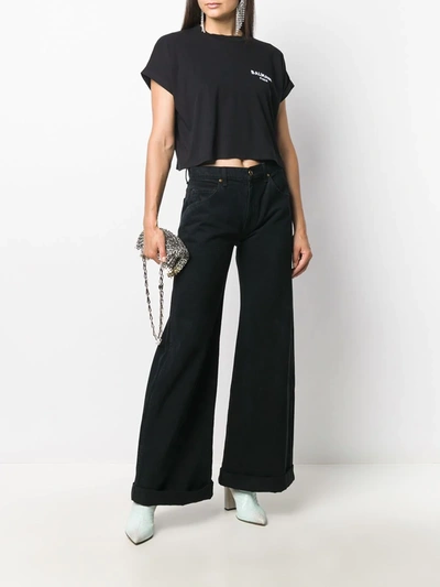 Balmain Cropped Cotton T-shirt With Small Flocked Logo In Black
