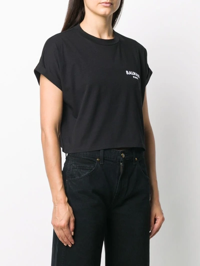 Shop Balmain Logo-embroidered Cropped T-shirt In Black