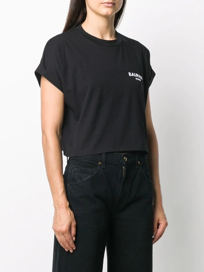 Balmain Cropped Cotton T-shirt With Small Flocked Logo In Black