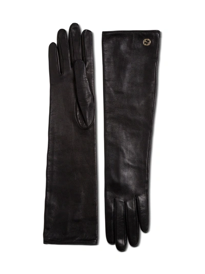 Shop Gucci Black Leather Gloves With Logo