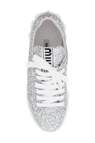 Shop Miu Miu Glitter Crystal Sneakers In Argento