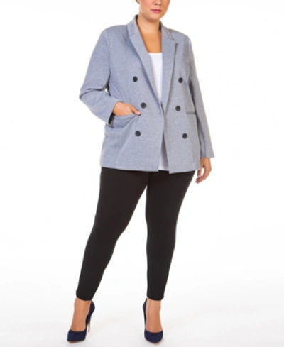 Shop Black Tape Plus Size Open-front Textured Button-front Twill Blazer In Grey Twill Weave