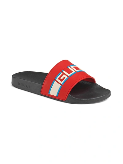 Shop Gucci Stripe Rubber Slide Sandal In Poppy Blue Ecru